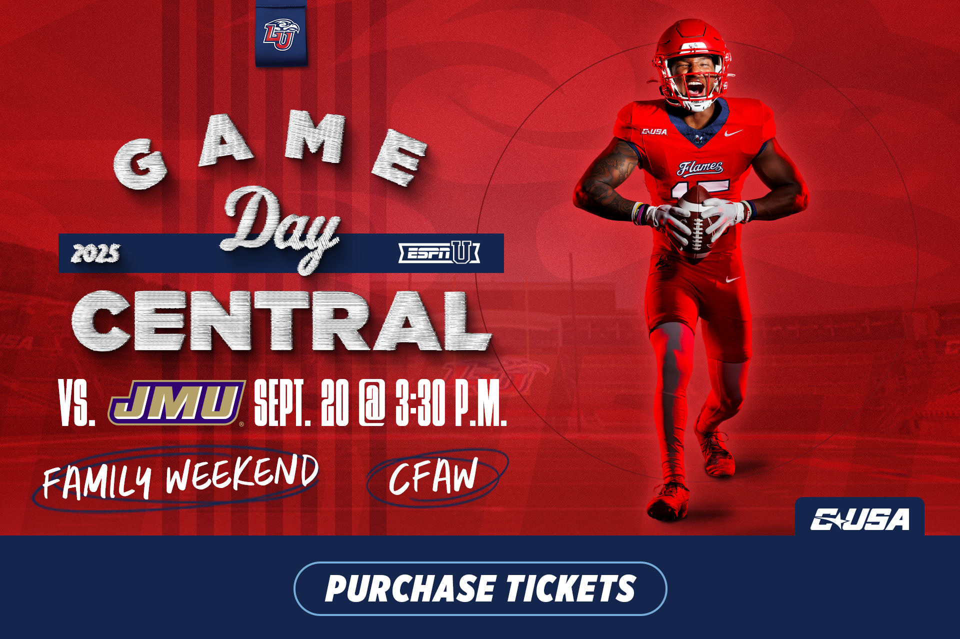 Liberty Football Game Day Central September 20 vs JMU @ 3:30 p.m.