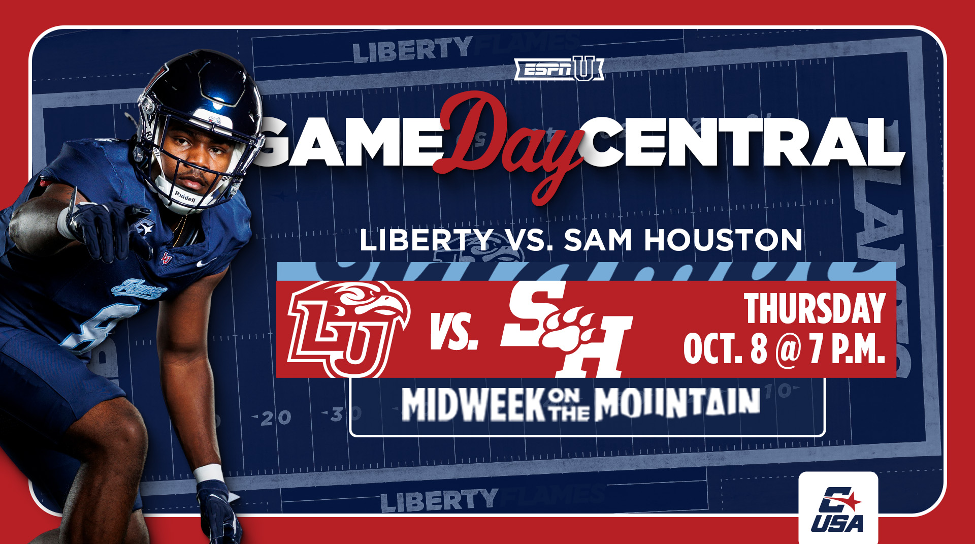 Game Day Central - Liberty vs Sam Houston. Thursday. Oct 8 at 7 pm. 