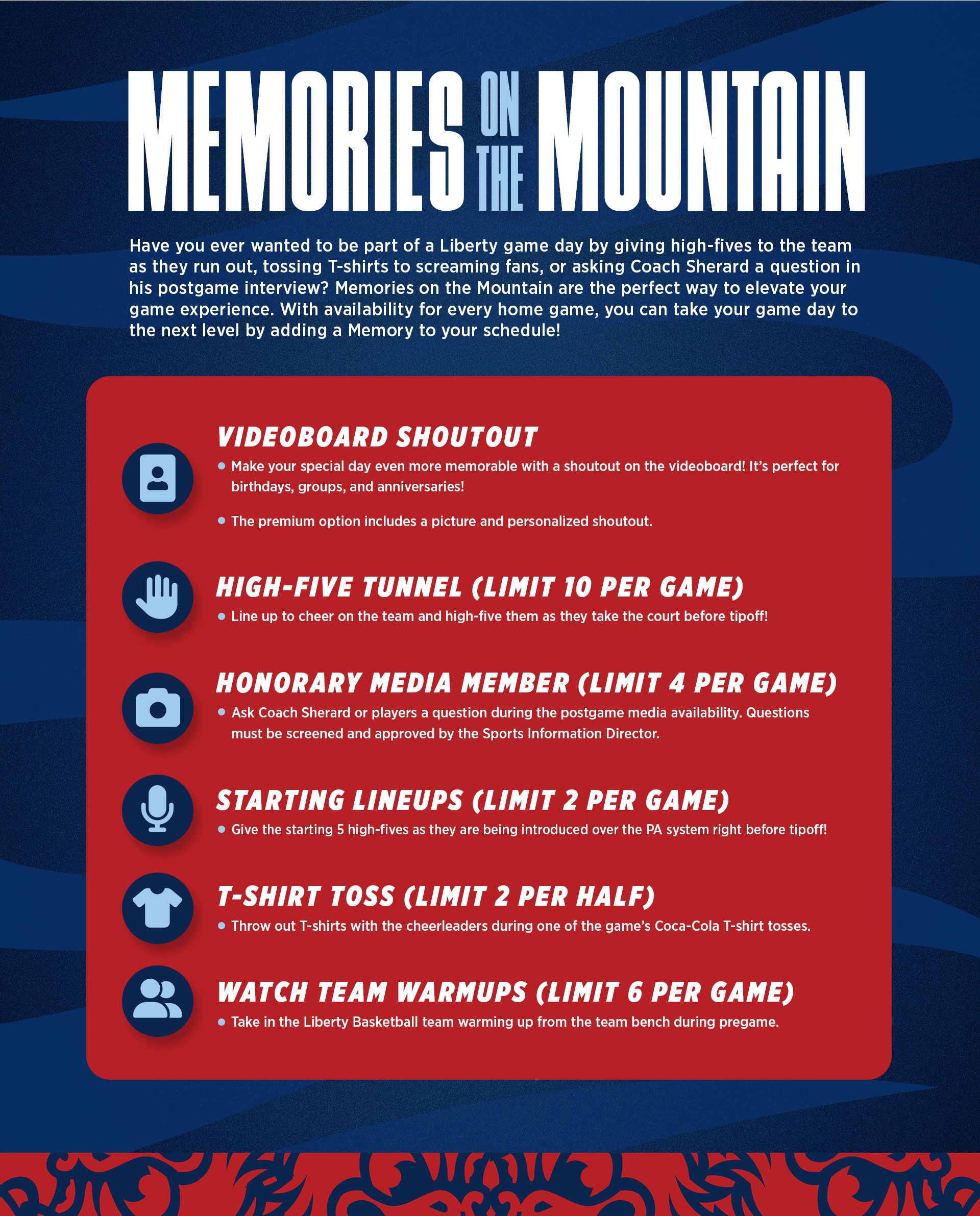 Memories on the Mountain! Upgrade your game day experience. Call the Liberty Ticket Office at 434-592-5015 for more information!