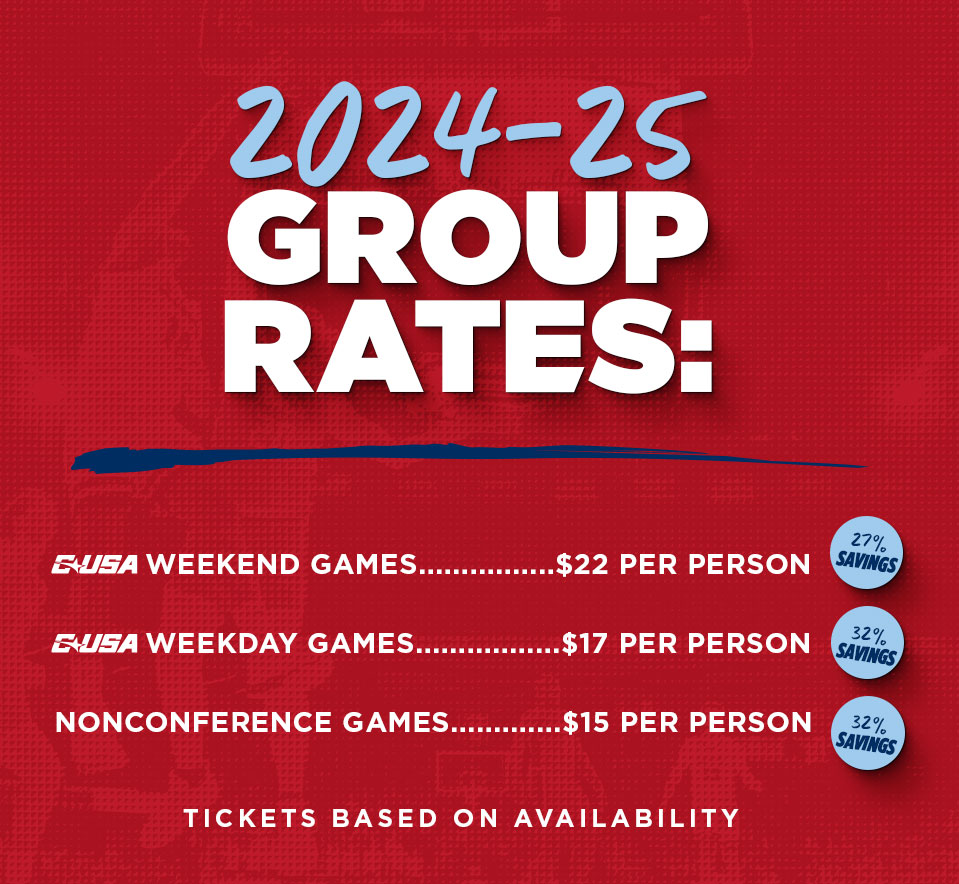 2024-2025 Group rates: Conference Weekend Games $22 ticket, Conference Weekday games $17 per ticket, Nonconference game $15 per ticket
