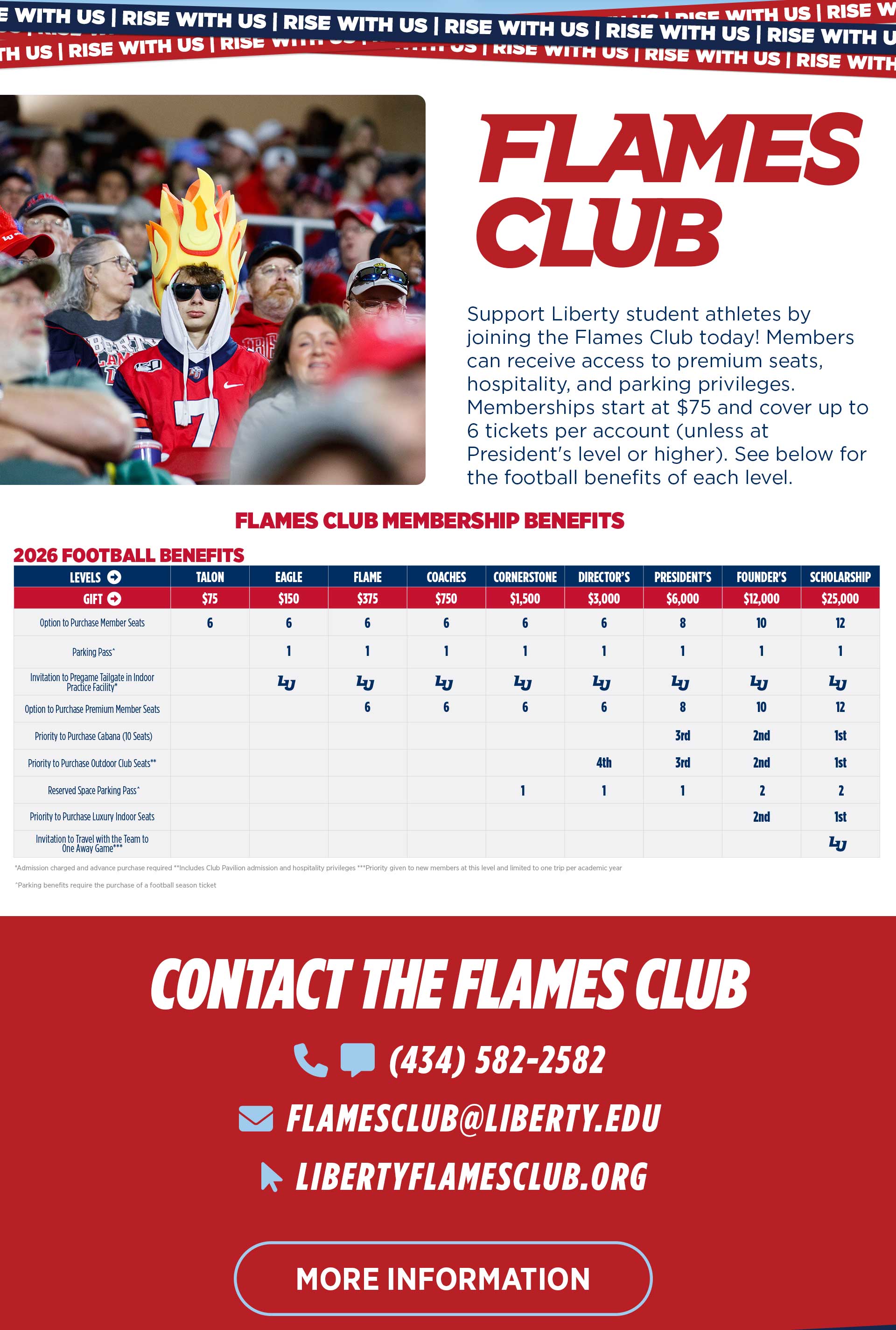 Flames Club Membership Benefits, contact the flames club at 434-582-2582 for more information