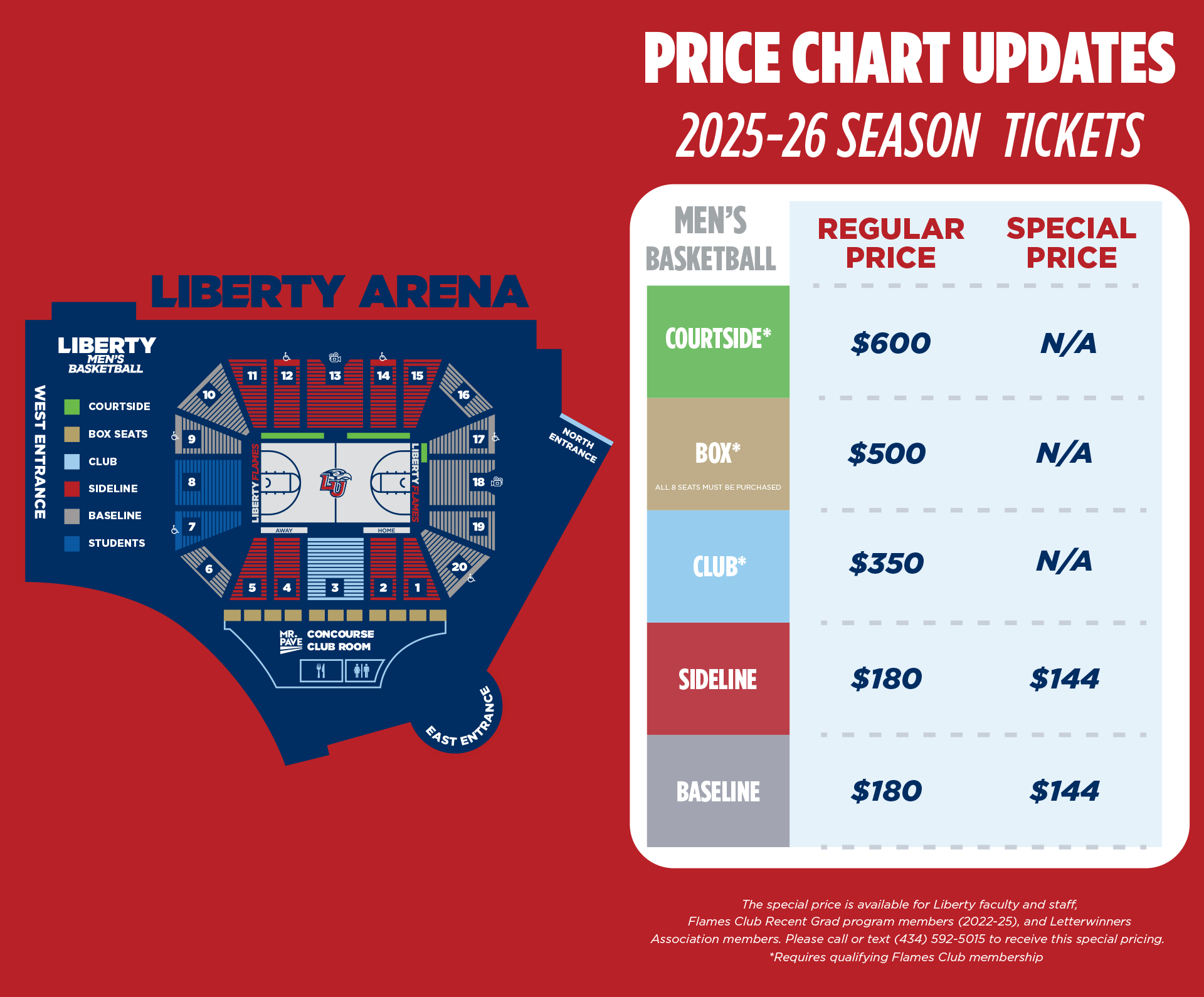 Liberty Flames Basketball Price Chart: Courtside $600, Box $500, Club $350, Sideline $180 or $144, Baseline $180 or $144