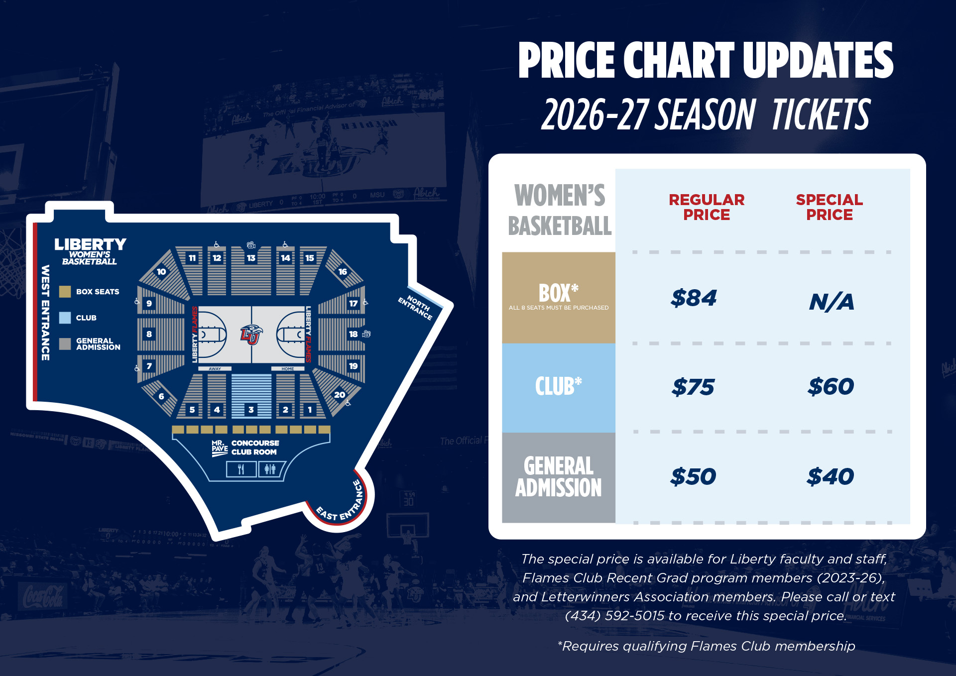 Price Chart | Loge Box, must purchase all 8 seats - $84, Club Seats $75, General Admission, $50. For special discounts and for help purchasing Call the Liberty Flames Ticket Office for help or more information 434-592-5015
