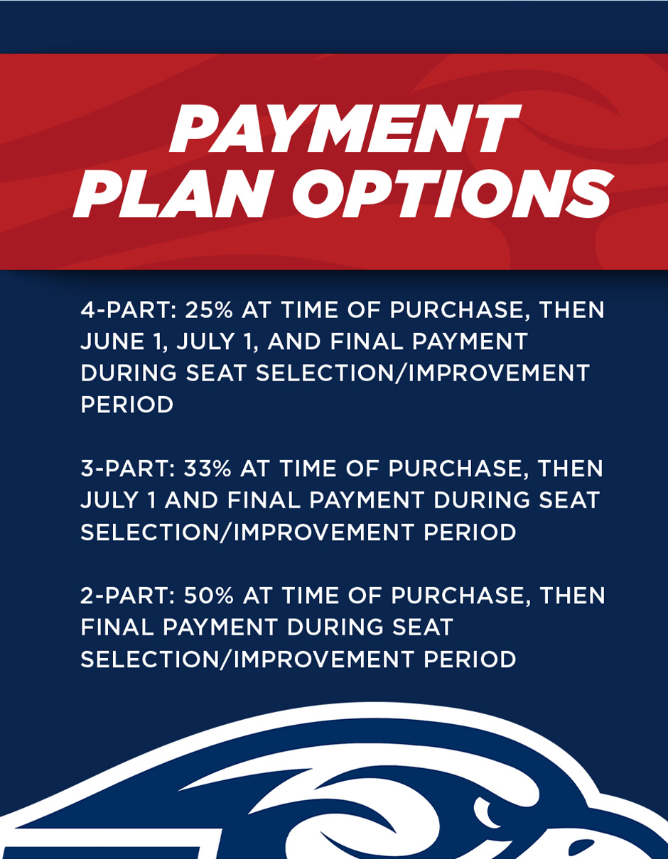 Payment Plan options | 4-Part 25% at time of purchase, then June 1, July 1, and final payment during seat selection/improvement period | 3-Part: 33% at time of purchase then July 1, and final payment during seat selection/improvement period | 2-Part: 50% at time of purchase, then final payment during seat selection/improvement period