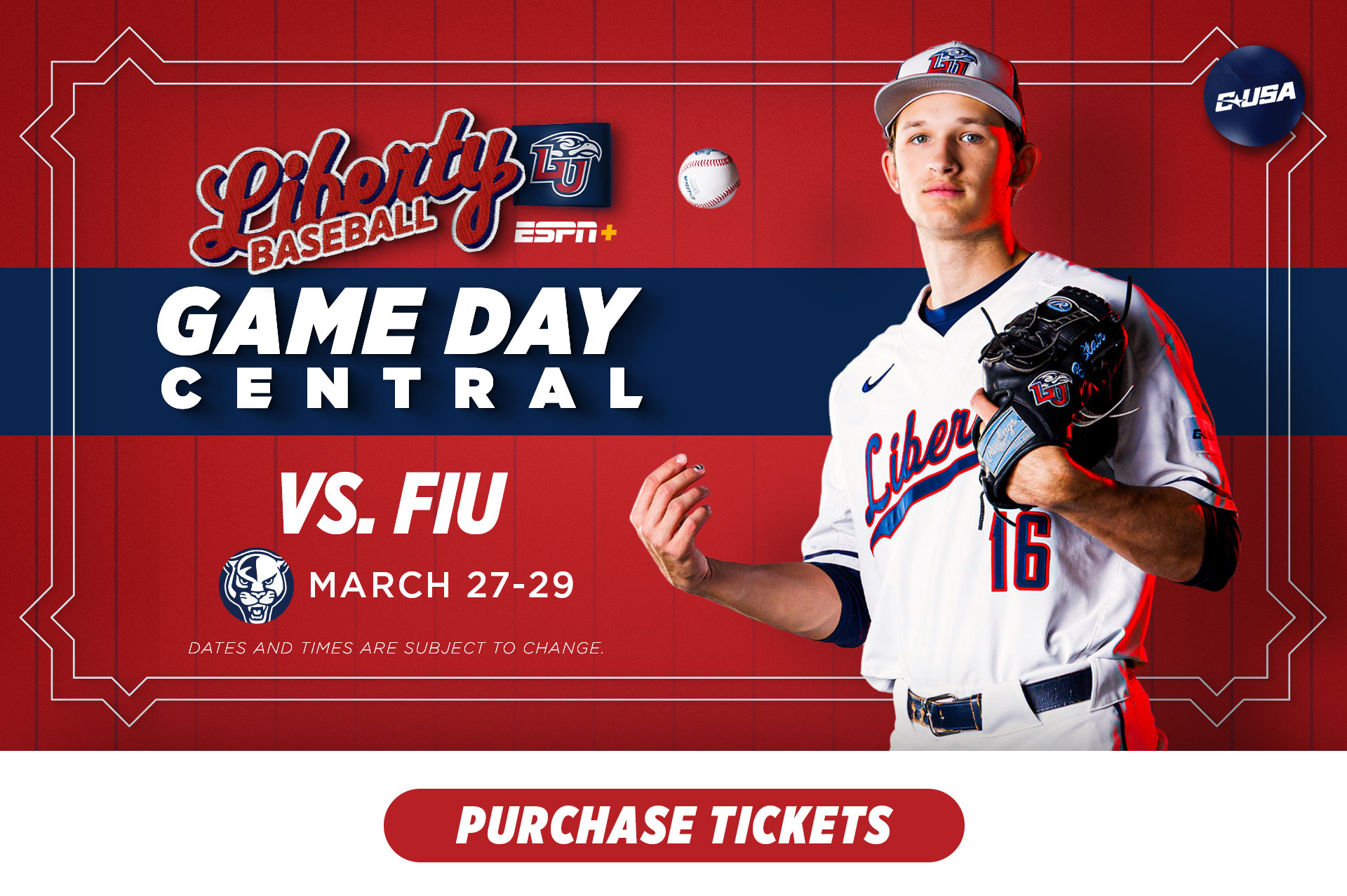 Your Liberty Flames Baseball team takes on FIU this weekend from March 27th to 29th. Dates and Times are subject to change.