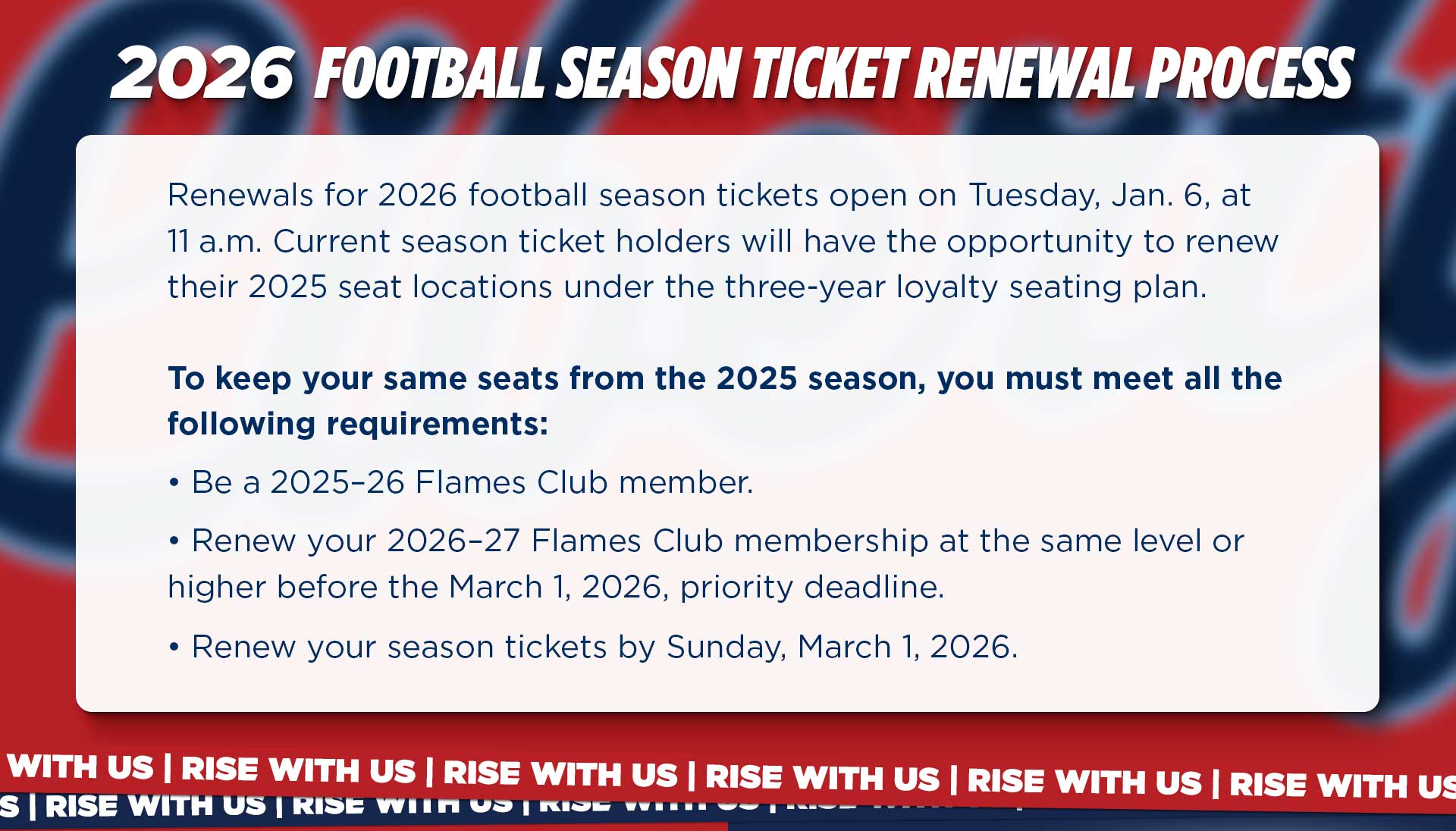 Renewals for the 2026 football season tickets open on Tuesday, Jan. 6, at 11 a.m. Current season ticket holders will have the opporutnity to renew their 2025 seat locations under the three-year loyalty seating plan. To Keep your same seats from the 2025 season, you must meet all the following requirements: Be a 2025-26 Flames Club Member, Renew your 2026=27 flames club membership at the same level or higher before the March 1, 2026 priority deadline, and Renew Your season tickets by Sunday, March 1, 2026