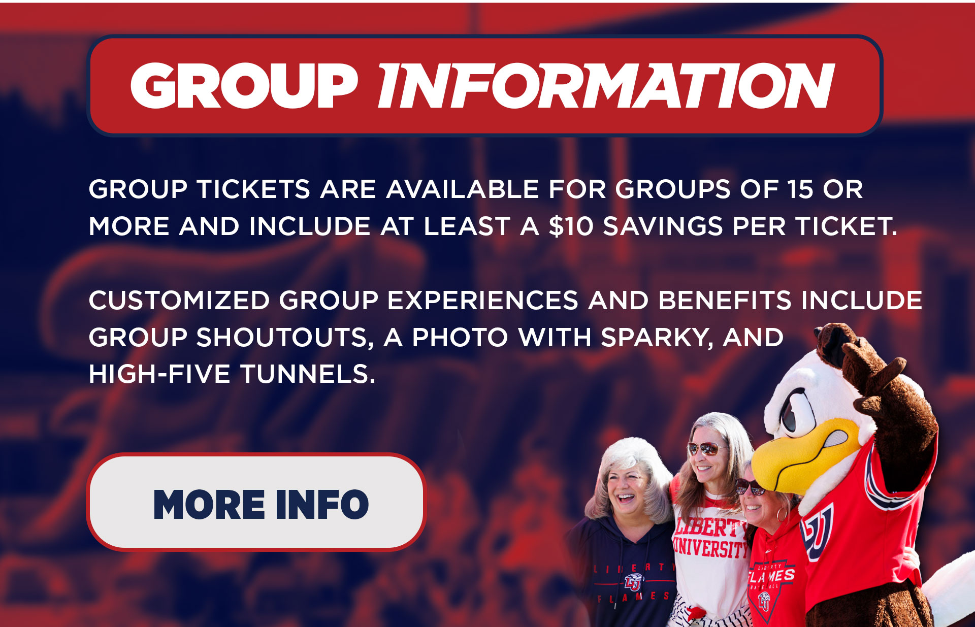 Have a group of 15 or more interested in coming to a game together! Save $10 or more with group pricing! Contact the Flames Ticket Office at (434) 592-5015 for more information!