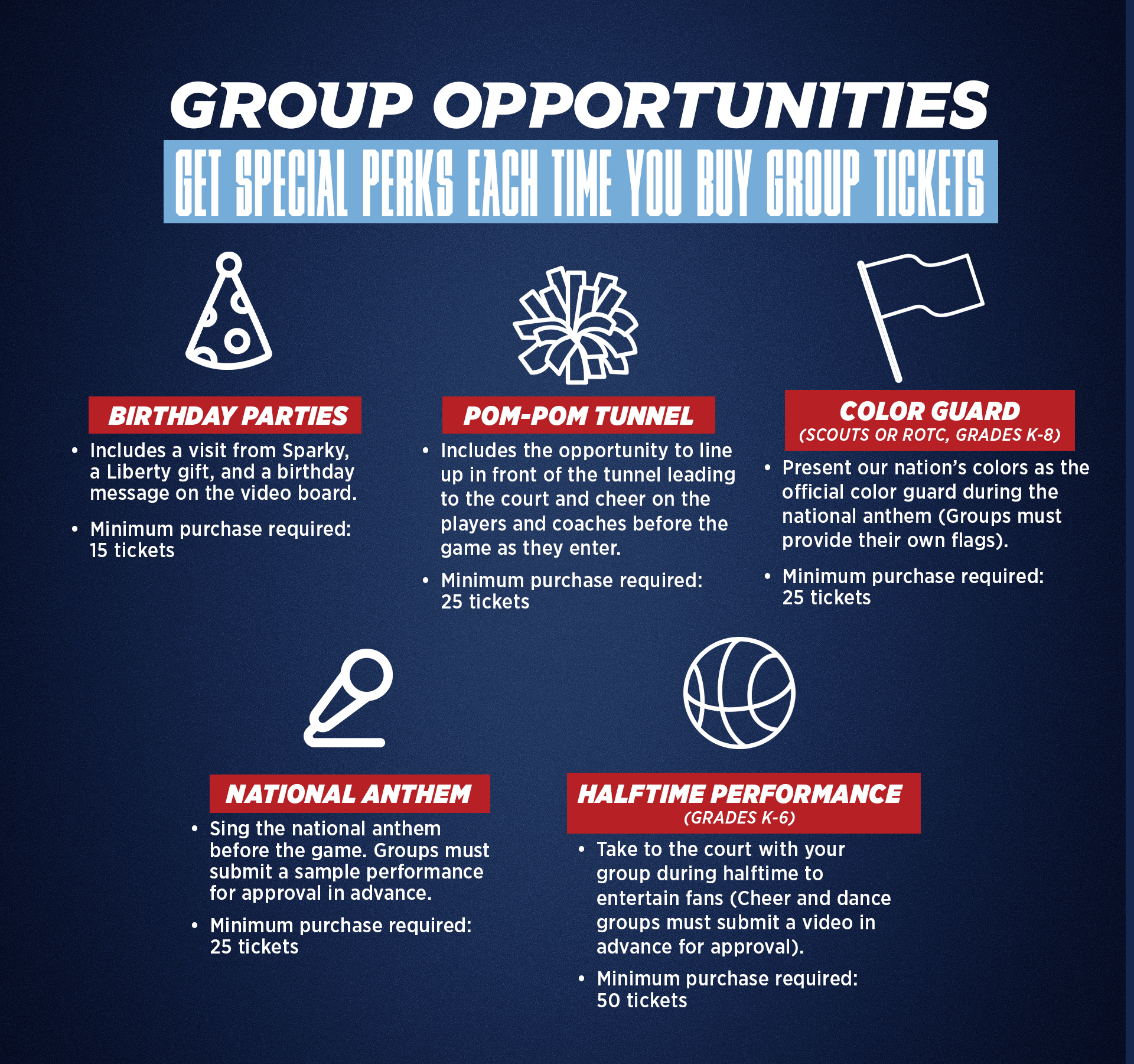 Benefits and experiences for purchasing groups. Get a discount and parking with all purchases of at least 10 tickets. More tickets sold, the more perks. Call 434-582-7328 for more information