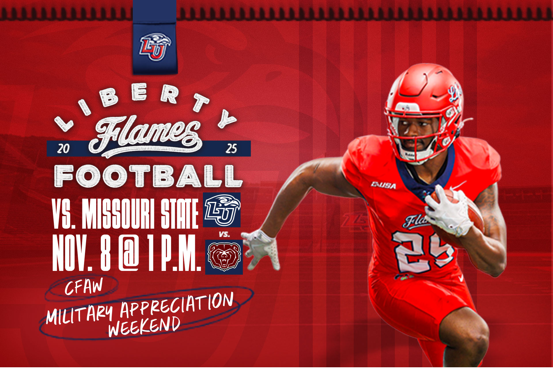 Liberty Football Game Day Central. Missouri State Football comes to Lynchburg on Saturday, November 8th @1p.m. It is Military Appreciation Day and College for a Weekend on the Mountain!