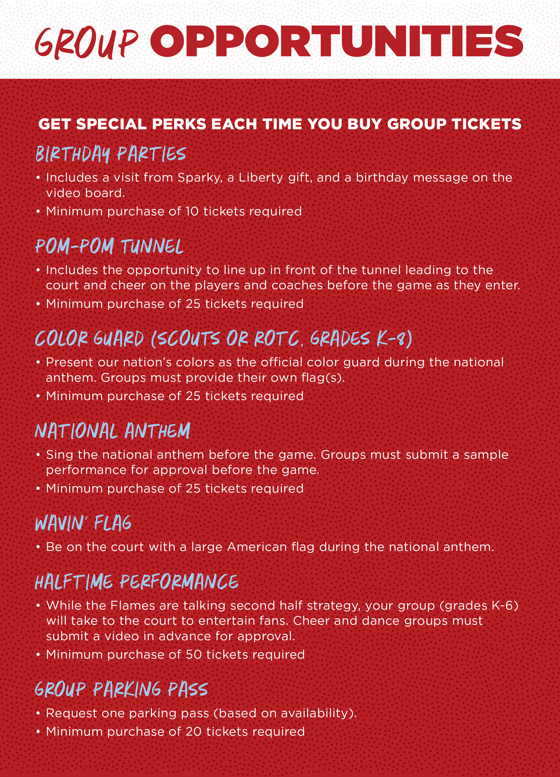 Benefits and experiences for purchasing groups. Get a discount and parking with all purchases of at least 10 tickets. More tickets sold, the more perks. Call 434-582-7328 for more information