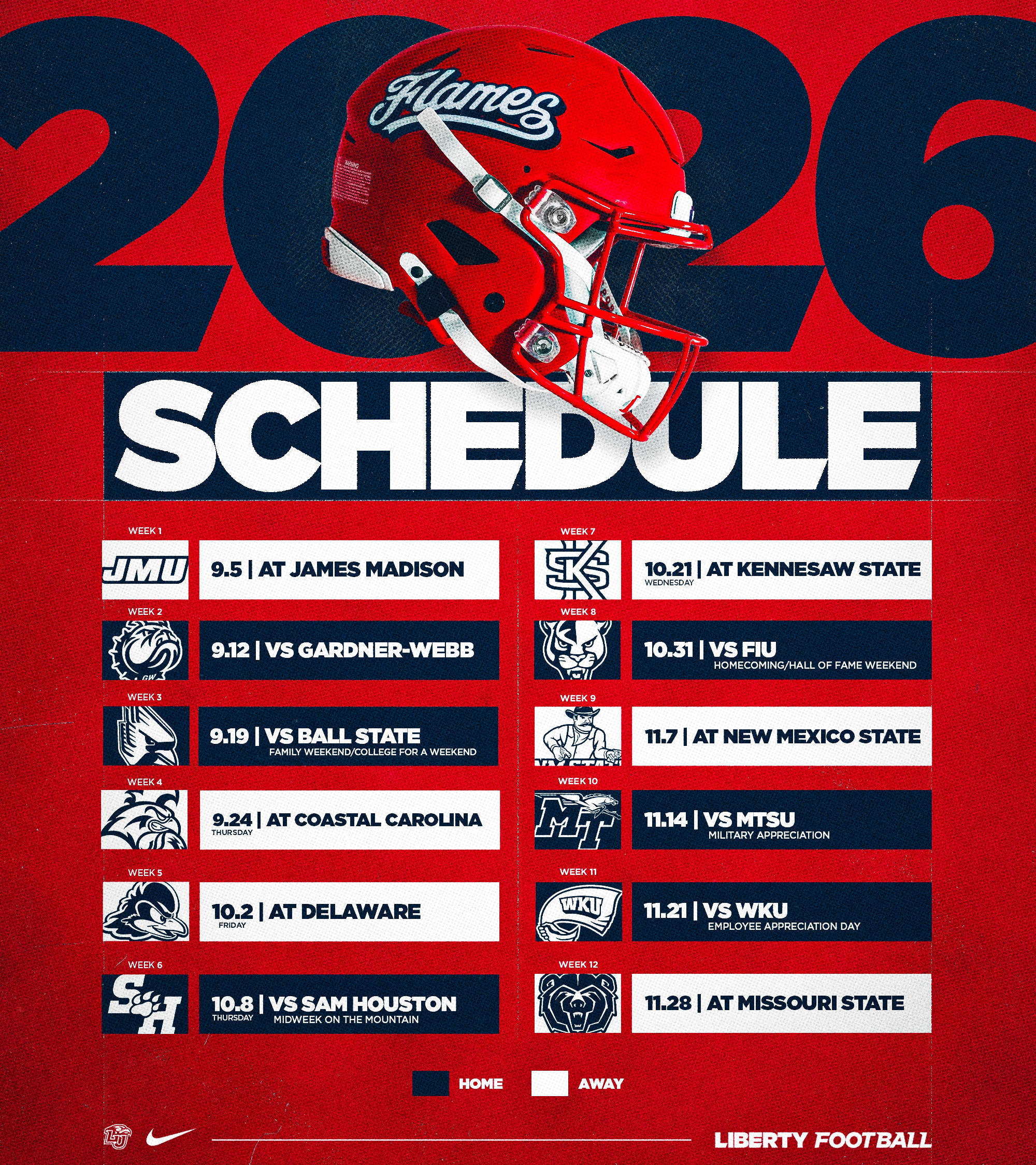 2026 Liberty Non Conference Home Schedule | Sept 12 vs Gardner-Webb | Sept 19 vs Ball State | Oct 31 Homecoming