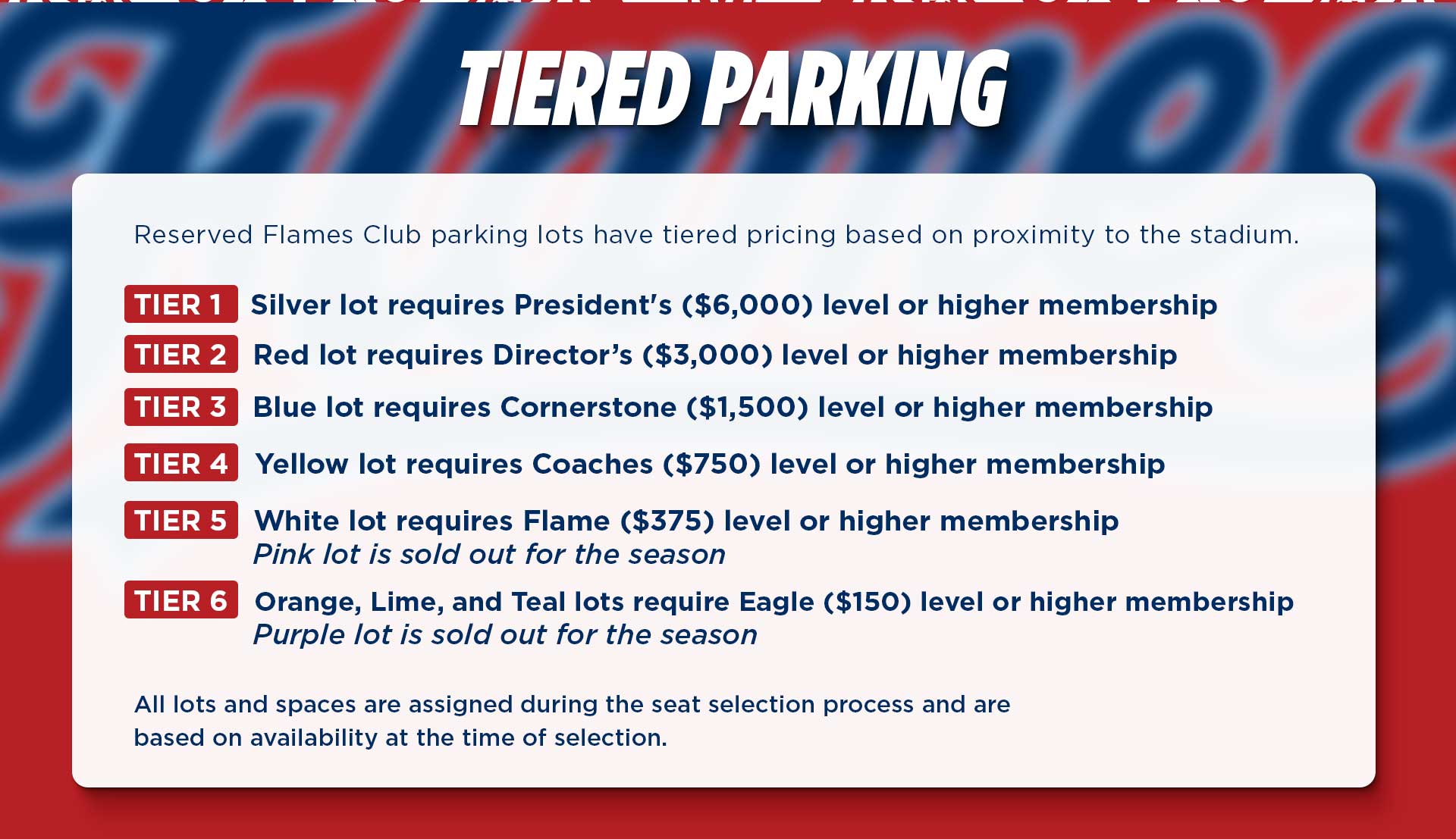 Tiered Reserved Parking. Complimentary parking pass begins with an Eagle Level Flames Club Membership. Contact the Flames Club at 434-582-2582 for more info