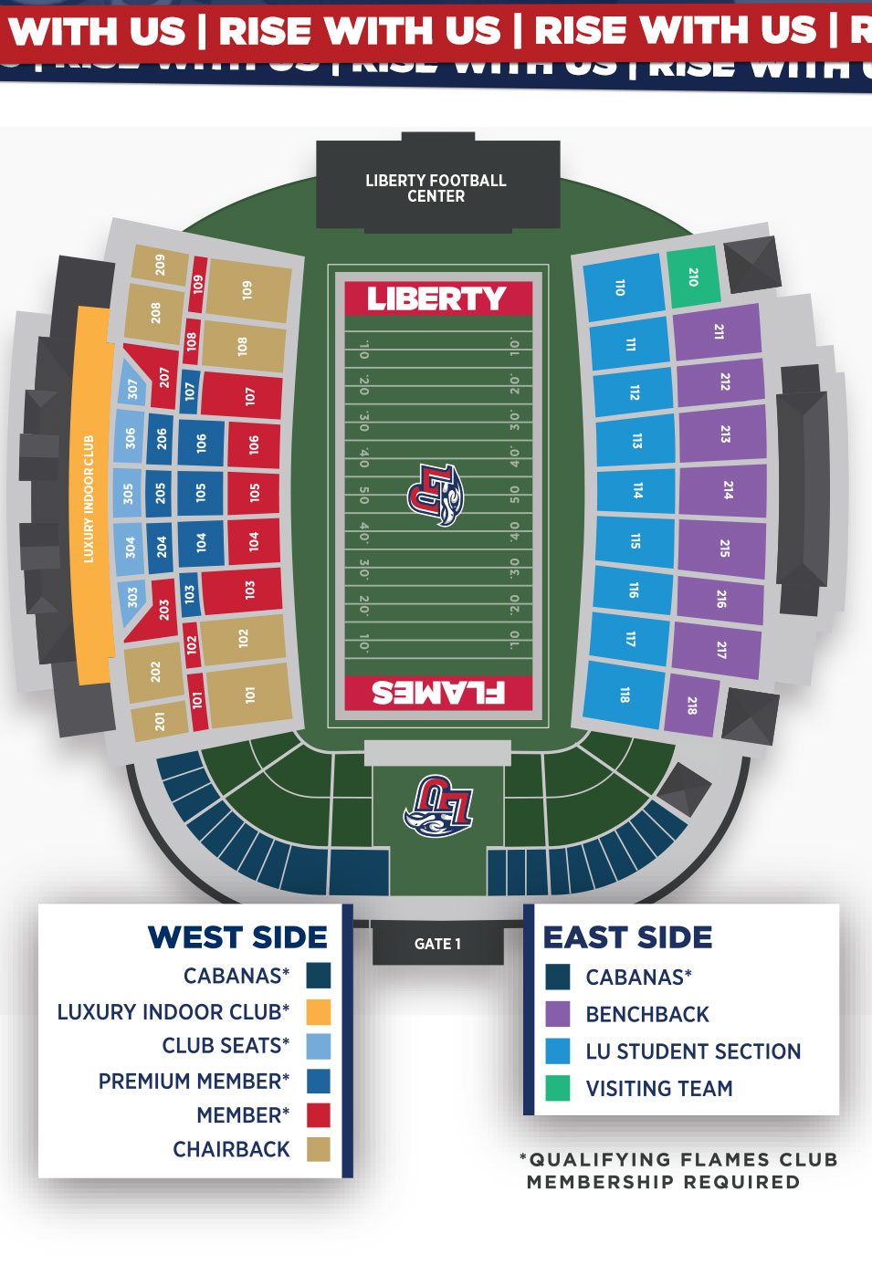 Williams Stadium Seating Map. Call the Liberty Flames Ticket Office at 434-592-5015 for more information