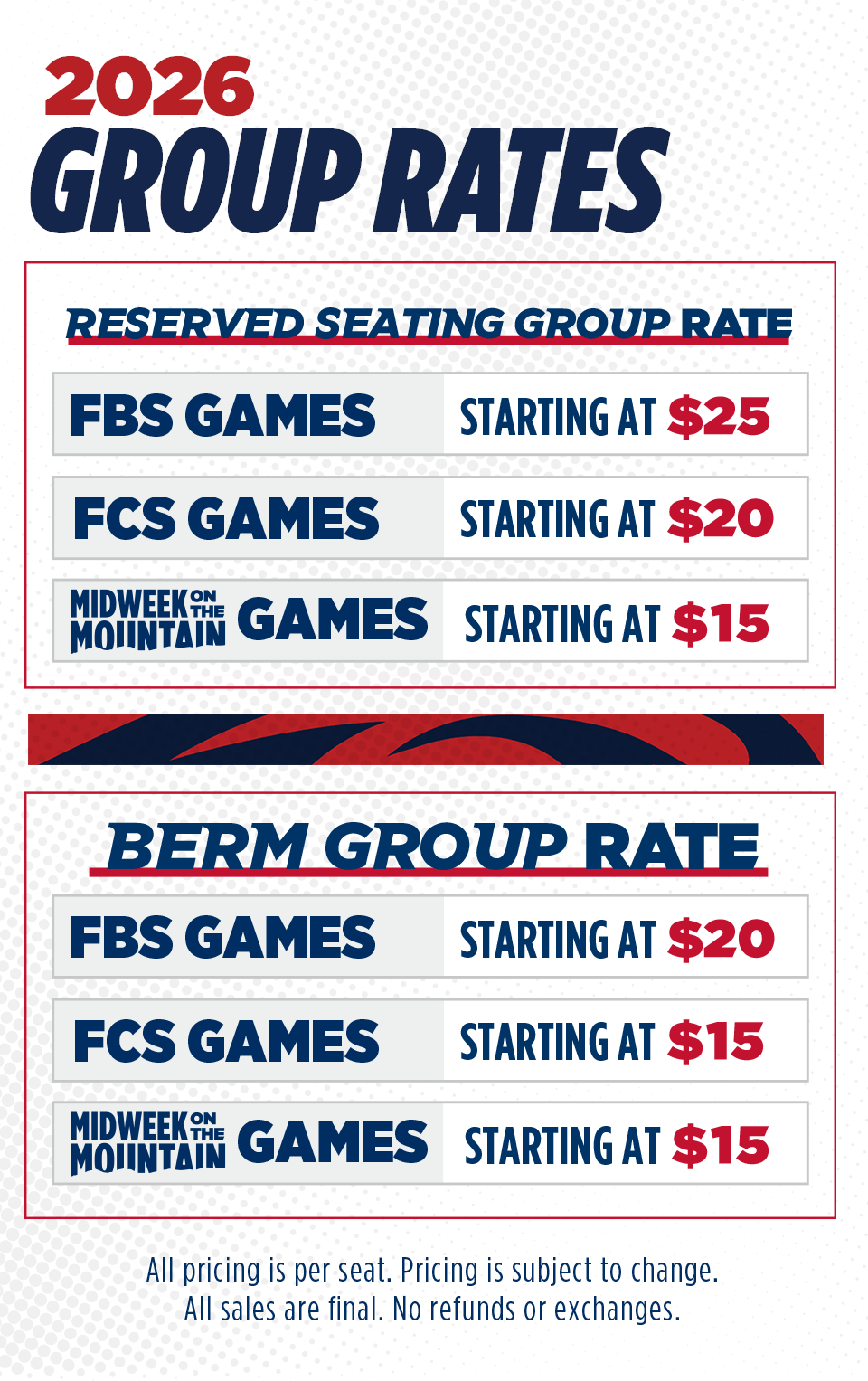 2026 Group Rates, contact the liberty ticket office at 434-592-5015 for more info